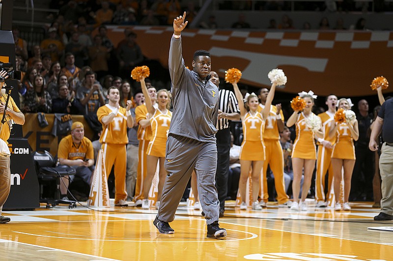 Tennessee football early enrollee Trey Smith from Jackson, Tenn., is welcomed at the basketball game Wednesday night against South Carolina.