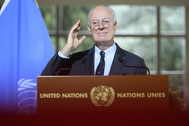 
              Staffan de Mistura, UN Special Envoy for Syria speaks during a news conference about the International Syria Support Group's Humanitarian Access Task Force at the European headquarters of the United Nations in Geneva, Switzerland, Thursday, Jan. 12, 2017. (Laurent Gillieron/Keystone via AP)
            