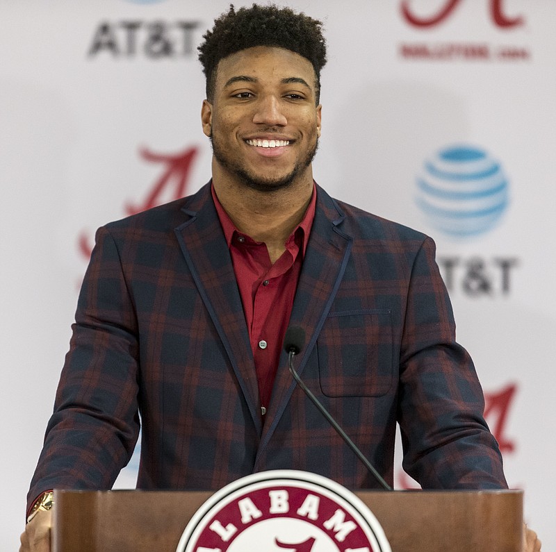 Alabama NCAA college football defensive back Marlon Humphrey speaks to the media Friday, Jan. 13, 2017, in Tuscaloosa, Ala. Alabama left tackle Cam Robinson, cornerback Marlon Humphrey and wide receiver ArDarius Stewart are skipping their senior seasons to enter the NFL draft. The trio announced their decisions on Friday, four days after the Crimson Tide lost to Clemson in the national championship game. (Vasha Hunt/AL.com via AP)