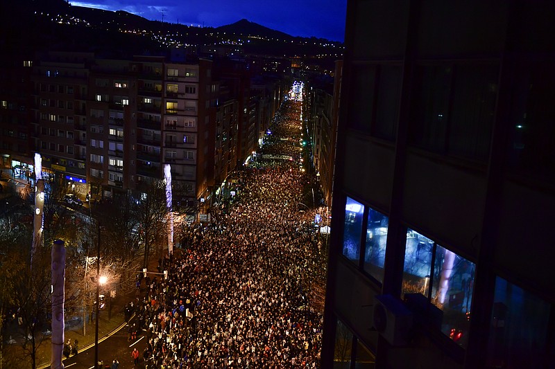 
              Pro-independence Basque demonstrators march to demand the return to the Basque Country of all prisoners of ETA, the Basque armed group, as they gather on the street during a protest in Bilbao, northern Spain, Saturday, Jan. 14, 2017. The Basque armed group ETA, who killed over 800 people, declared a total cease-fire in 2011. (AP Photo/Alvaro Barrientos)
            