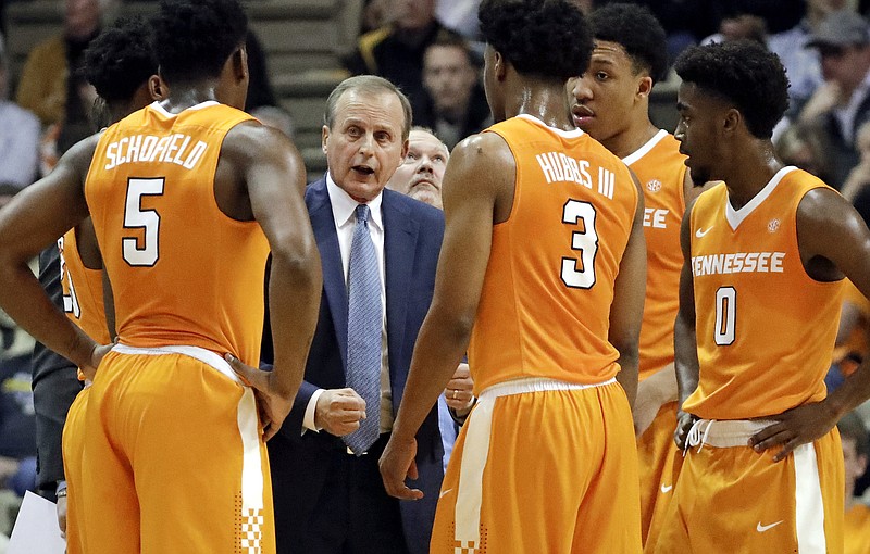 Tennessee head coach Rick Barnes talks to his players during a timeout in the first half of an NCAA college basketball game against Vanderbilt Saturday, Jan. 14, 2017, in Nashville, Tenn. (AP Photo/Mark Humphrey)

