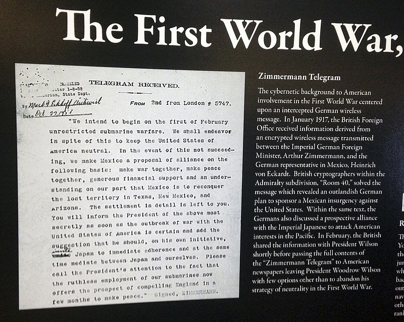 
              In this Thursday, Jan. 12, 2017 photo a copy of a decoded telegram is displayed at a gathering at the U.S. Naval War College in Newport, R.I. Known as the "Zimmermann Telegram," it was intercepted and decoded by Britain then forwarded to the United States revealing Germany wanted to get Mexico to join its side during World War I by offering it territory in the United States. (AP Photo/Jennifer McDermott)
            