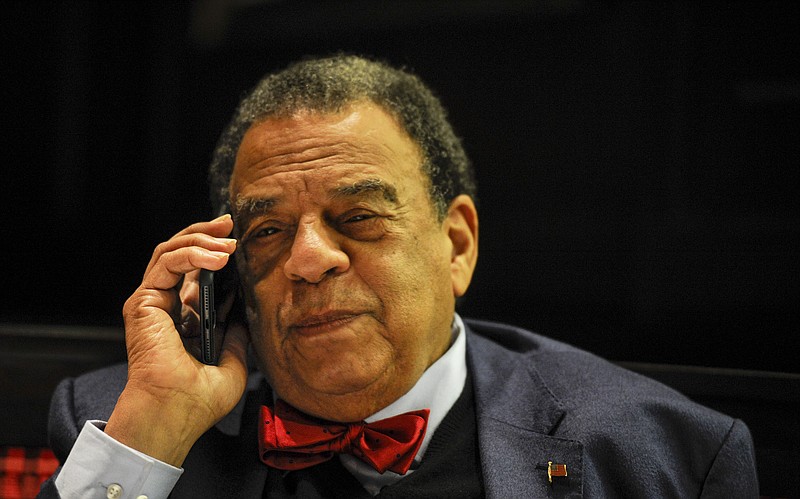 Ambassador Andrew Young takes a phone call from President Elect Donald Trump during an interview, Monday Jan. 16, 2017, in Nashville, Tenn. (Photo by Lacy Atkins/The Tennessean)
