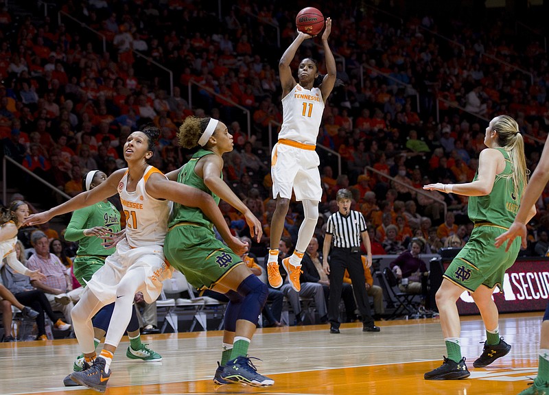 Tennessee's Diamond DeShields (11) shoots against Notre Dame during an NCAA college basketball game in Knoxville, Tenn., Monday, Jan. 16, 2017. (Saul Young/Knoxville News Sentinel via AP)
