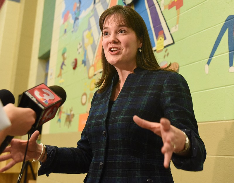 Tennessee Education Commissioner Candice McQueen talks about the state's plan for education Tuesday night at Orchard Knob Elementary School. The plan is called "Every Student Succeeds Act" (ESSA).