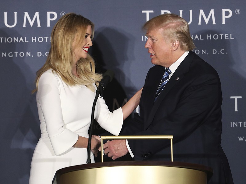 
              FILE - A Wednesday, Oct. 26, 2016 file photo showing US President elect Donald Trump greeting his daughter Ivanka Trump during the grand opening of Trump International Hotel in Washington. Trump wanted to praise his daughter on Twitter — instead he accidentally sent his message to another Ivanka. The message was directed to a woman named Ivanka Majic in Brighton, southern England. (AP Photo/Manuel Balce Ceneta, File)
            