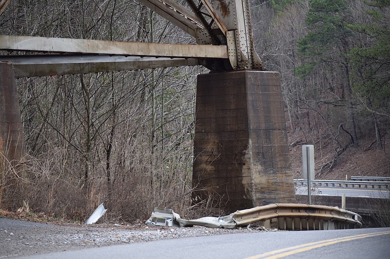 The guardrail and concrete bridge foundation along State Route 134 in Marion County, Tenn., on Jan. 11, 2017, show damage from a crash involving William John Berner's pickup truck after an encounter sheriff's deputies escalated to gunfire on Dec. 27, 2016.