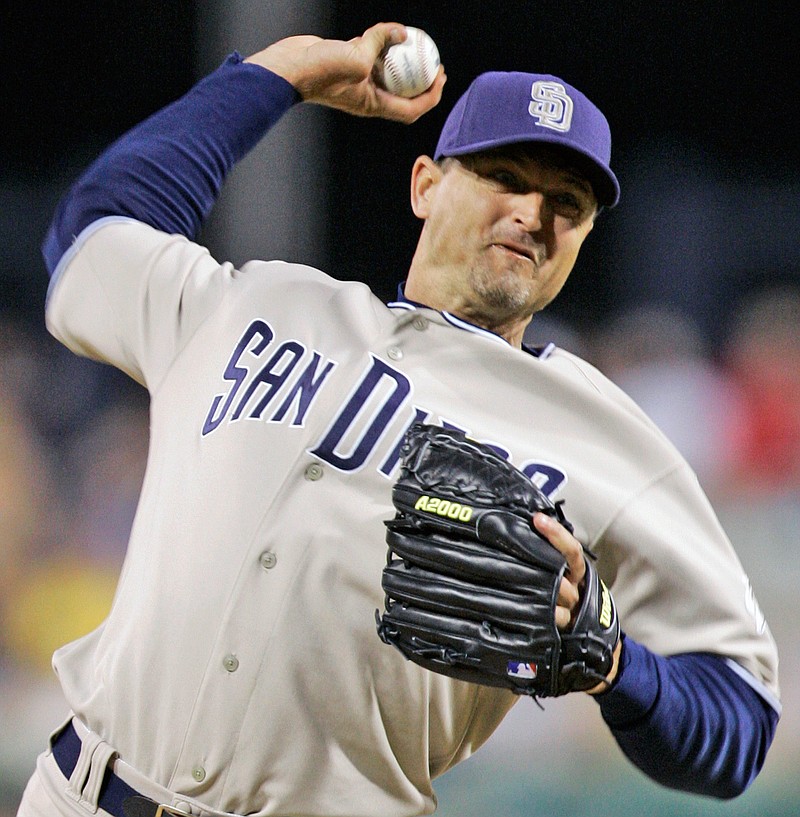 
              FILE - In this July 25, 2008, file photo, San Diego Padres closer Trevor Hoffman throws in the ninth inning against the Pittsburgh Pirates in a baseball game at Pittsburgh. Tim Raines and Jeff Bagwell are likely to be voted into baseball's Hall of Fame on Wednesday, Jan. 18, 2017, when Trevor Hoffman and Ivan Rodriguez also could gain the honor.  (AP Photo/Gene J. Puskar, File)
            