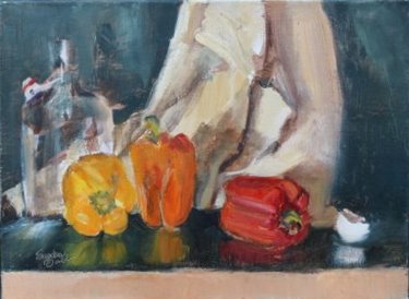 "Still Life III" by Sandra Babb, takes a wide view of peppers, a bottle and cracked egg, then zooms in for an examination of just the egg and part of a pepper.