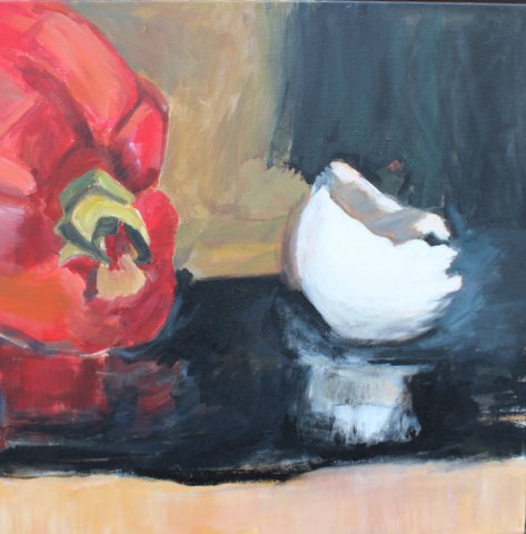 "Still Life III" by Sandra Babb, takes a wide view of peppers, a bottle and cracked egg, then zoomed in for an examination of just the egg and part of a pepper.