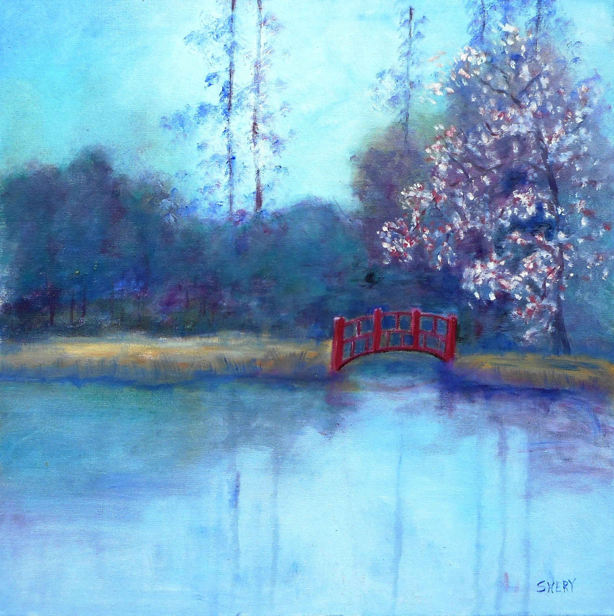 On a trip to the Birmingham Botanical Gardens, Sherry Hullender discovered a pond, bridge and blooming cherry trees. For her detailed painting, she focused on the red bridge and cherry tree, right.