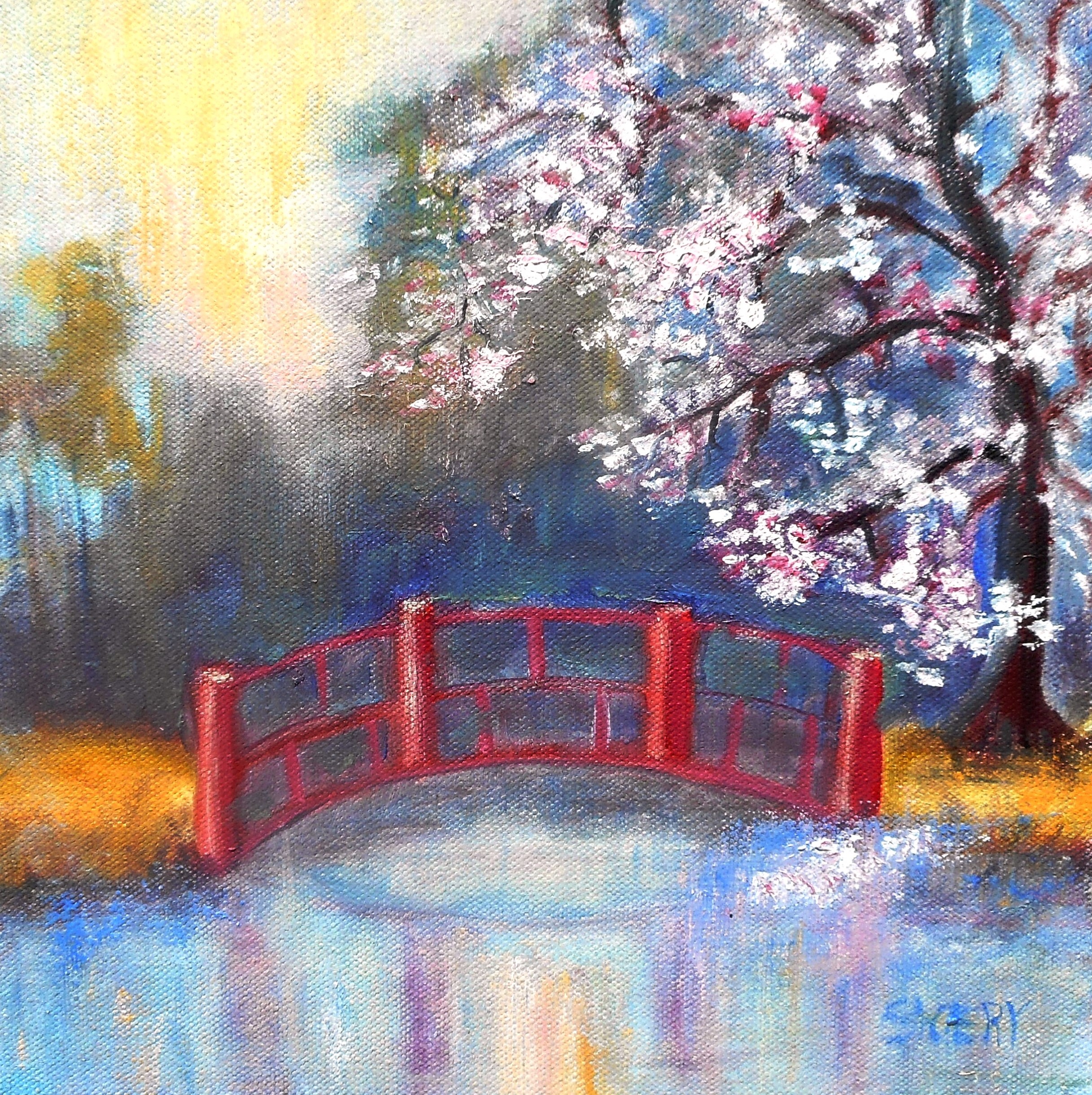 On a trip to the Birmingham Botanical Gardens, Sherry Hullender discovered a pond, bridge and blooming cherry trees. For her detailed painting, she focused on the red bridge.