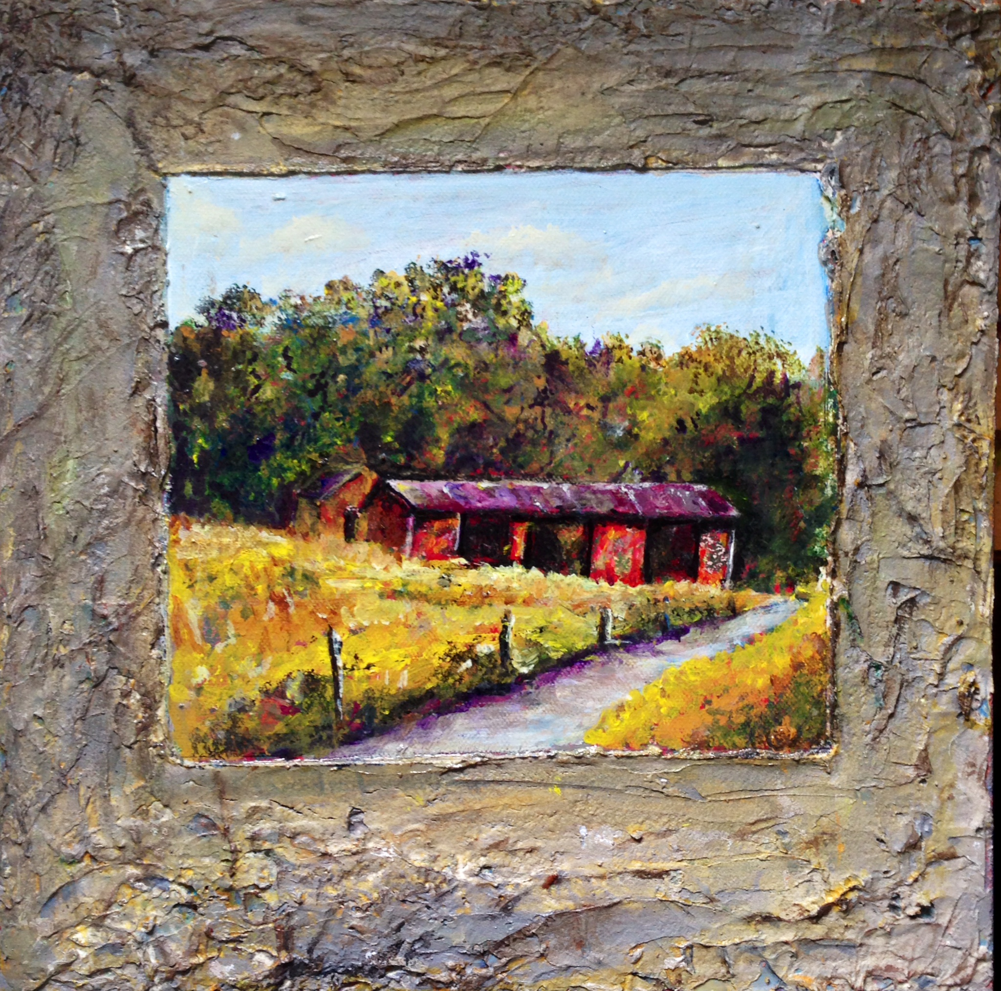 Having grown up on a farm, Janice Kennedy returned to those memories for "Time Not Forgotten," but she painted the close-up of the red barn first, then zoomed out, adding sky and trees.
