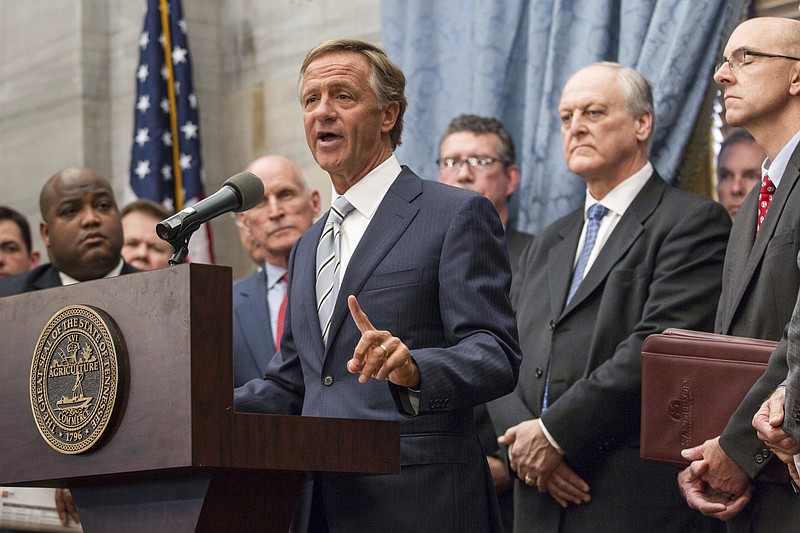 
              Republican Gov. Bill Haslam speaks at the state Capitol in Nashville, Tenn., on Wednesday, Jan. 18, 2017, about his plan to boost transportation funding while also cutting taxes. Haslam's plan would hike gas taxes by 7 cents per gallon. (AP Photo/Erik Schelzig)
            