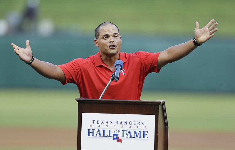 In this July 20, 2013, file photo, former Texas Rangers and 14-time All-Star catcher Ivan Rodriguez speaks after he was inducted into the Texas Rangers Baseball Hall of Fame before a baseball game between the Baltimore Orioles and the Rangers, in Arlington, Texas. Tim Raines and Jeff Bagwell are likely to be voted into baseball's Hall of Fame on Wednesday, Jan. 18, 2017, when Trevor Hoffman and Ivan Rodriguez also could gain the honor. (AP Photo/LM Otero, File)