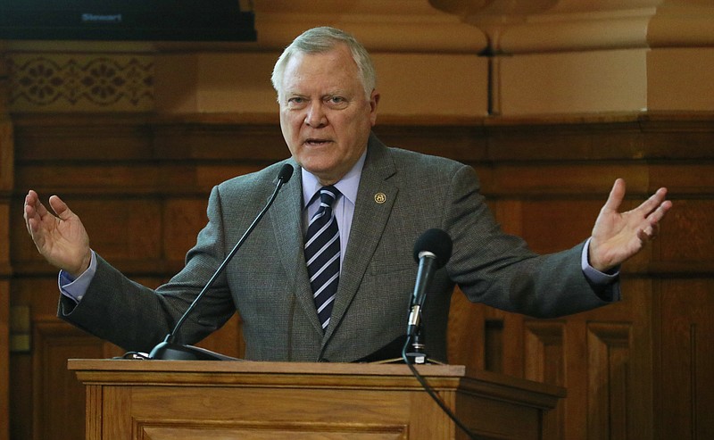 Georgia Gov. Nathan Deal makes his budget address before the joint appropriations committee as House and Senate budget hearings opened for the 2017 session, Tuesday, Jan. 17, 2017, at the Statehouse in Atlanta. (Bob Andres/Atlanta Journal-Constitution via AP)