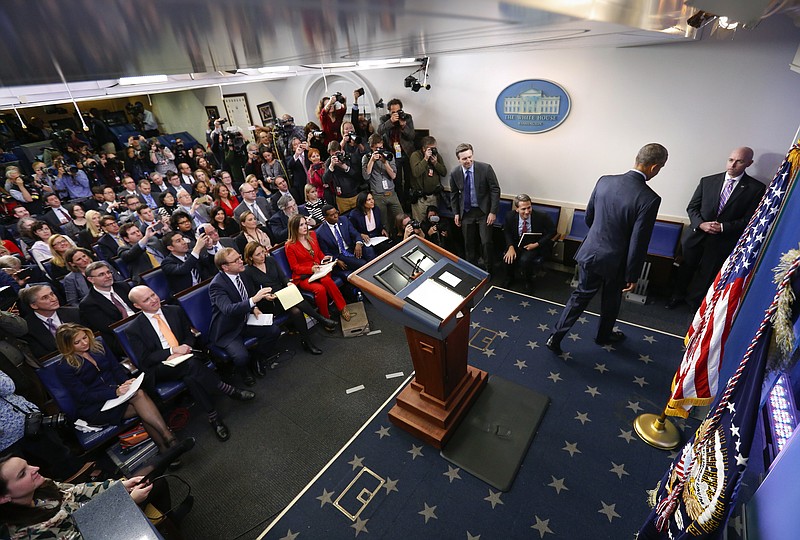 President Barack Obama walks away from the podium at the conclusion of his final presidential news conference, Wednesday, Jan. 18, 2017, in the briefing room of the white House in Washington. (AP Photo/Pablo Martinez Monsivais)