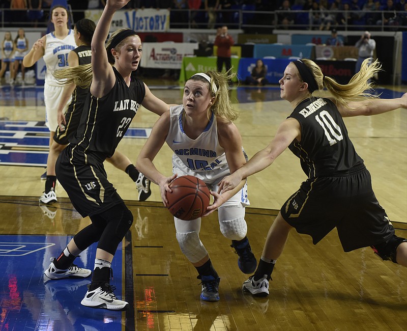 McMinn Central senior guard Jacobi Lynn, center, hopes to lead the Chargerettes back to the Class AA state tournament, and she has the goal of earning a Miss Basketball award along the way.