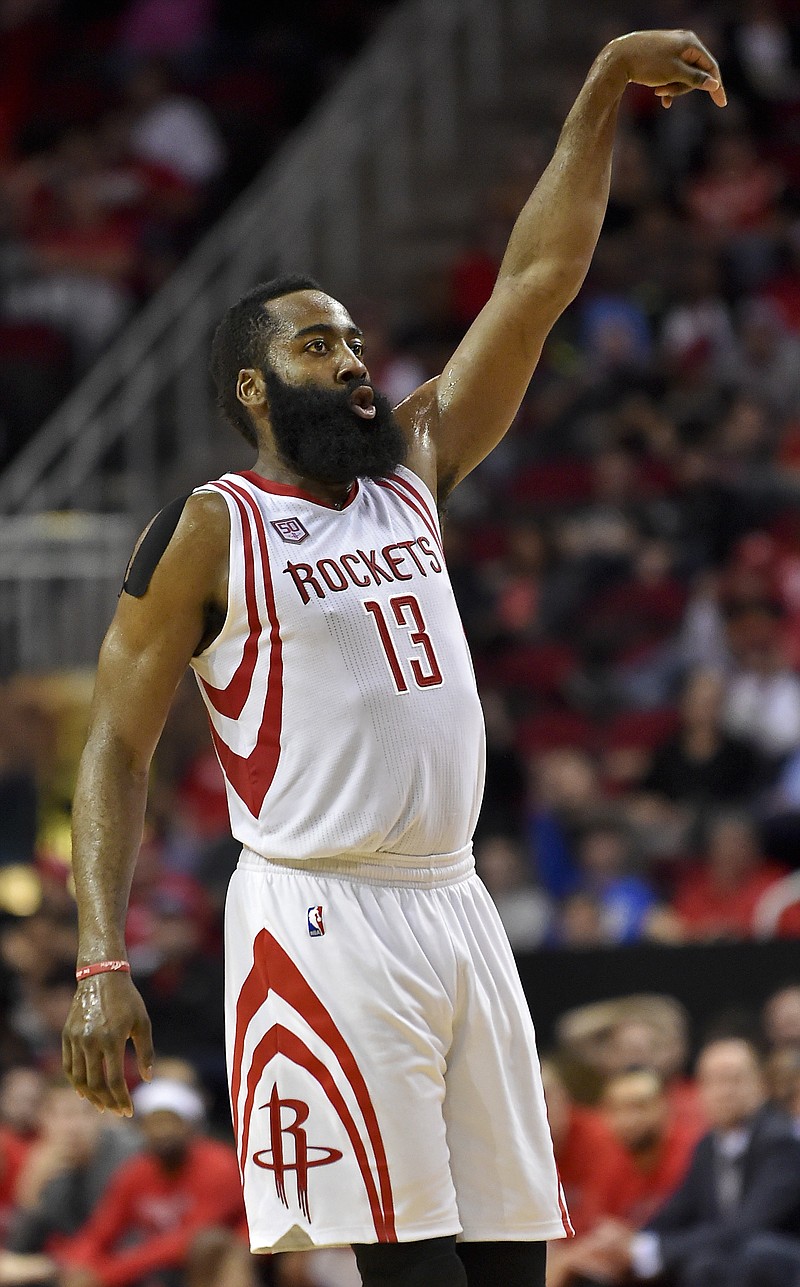 
              Houston Rockets guard James Harden watches his 3-point shot during the second half of the team's NBA basketball game against the Milwaukee Bucks, Wednesday, Jan. 18, 2017, in Houston. Houston won 111-92. (AP Photo/Eric Christian Smith)
            