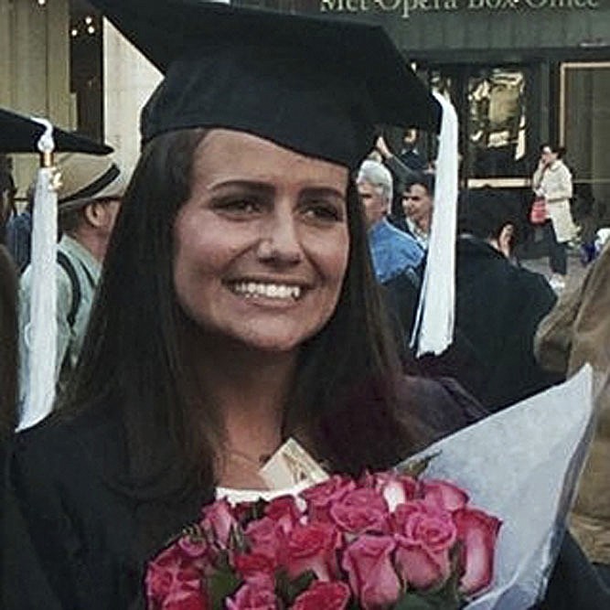 
              FILE - This May 2015 file family photo shows Sascha Pinczowski at her graduation from Marymount Manhattan College in New York. The families of victims of terror attacks in Paris, Brussels and Israel including the family of Sascha Pinczowski and brother Alexander said social media companies including Facebook and Twitter are aiding terrorists. Plaintiffs' lawyer Robert Tolchin said the companies are helping terror groups network, recruit and advertise their deadly aims. The companies said the lawsuits get it wrong. (Courtesy of the Pinczowski family via AP, File)
            