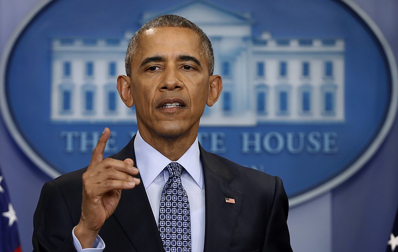 
              In this photo taken Jan. 18, 2017, President Barack Obama speaks during his final presidential news conference, in the briefing room of the White House in Washington. In his last major act as president, Barack Obama cut short the sentences of 330 federal inmates convicted of drug crimes on Thursday, Jan. 19, 2017, bringing his bid to correct what he’s called a systematic injustice to a climactic close. (AP Photo/Pablo Martinez Monsivais)
            