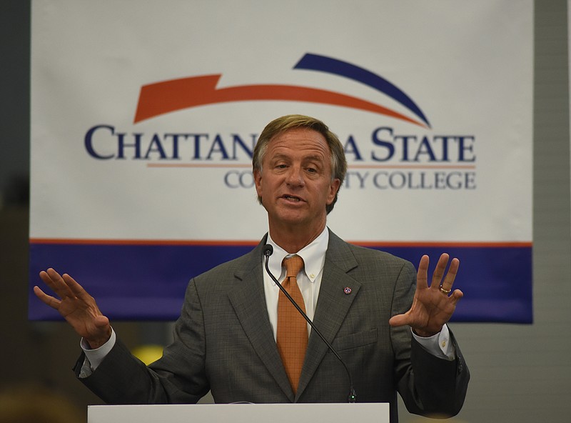 Gov. Bill Haslam speaks about the Drive to 55 initiative Friday, April 10, 2015, in the Tennessee College of Applied Technology at Chattanooga State Community College in Chattanooga.
