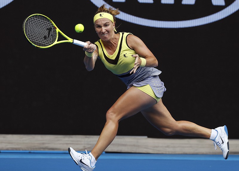 
              Russia's Svetlana Kuznetsova makes a forehand return to Serbia's Jelena Jankovic during their third round match at the Australian Open tennis championships in Melbourne, Australia, Friday, Jan. 20, 2017. (AP Photo/Kin Cheung)
            