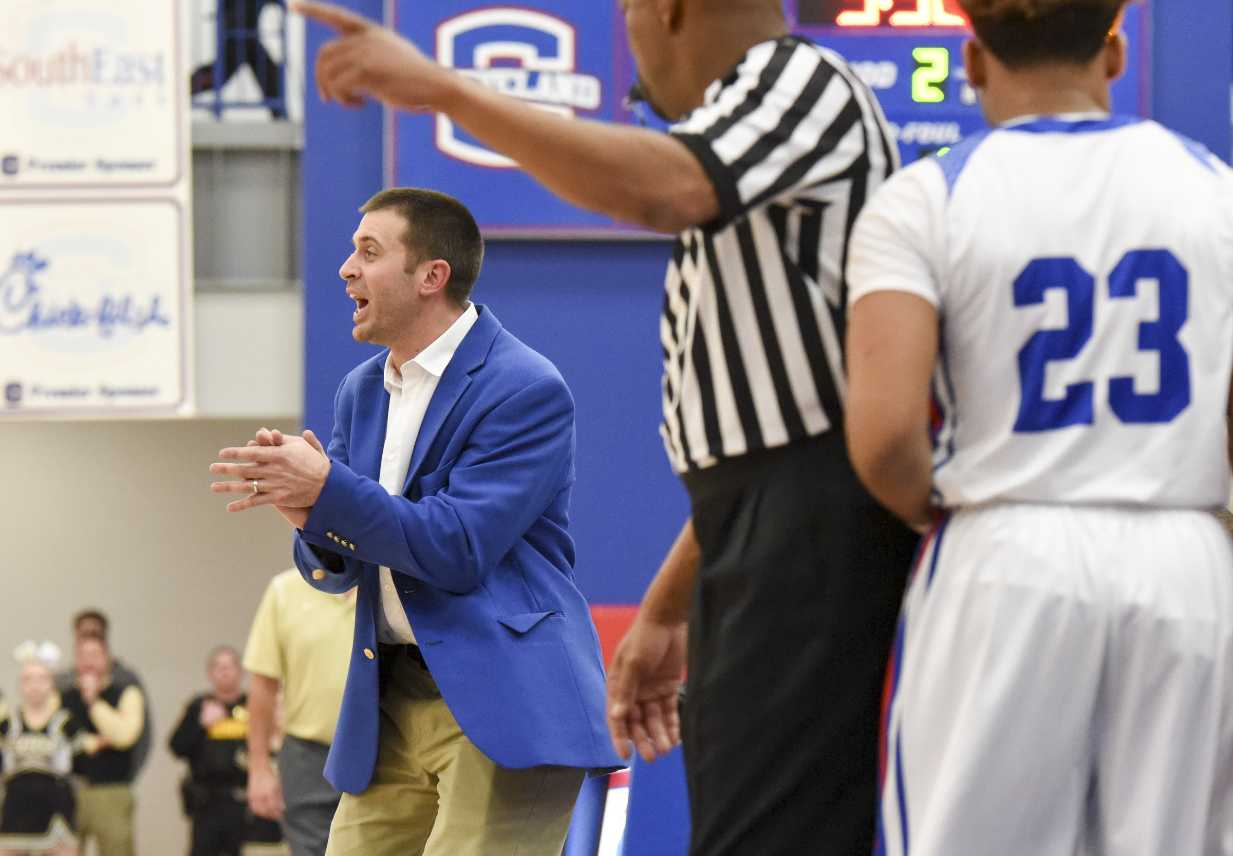 Cleveland basketball coach Jason McCowan likes what he sees in the first half as the Blue Raiders sprint ahead of cross-town rival Bradley Central Friday night at home.