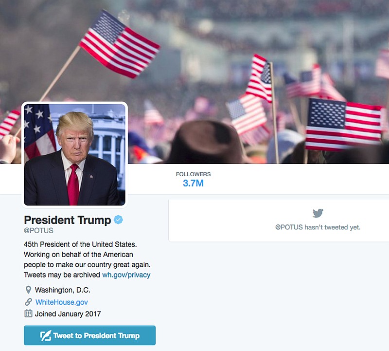 
              The new @POTUS Twitter account for President Donald Trump is shown in this frame grab, Friday, Jan. 20, 2017.   The technological transition came just as Trump took the oath Friday, giving him a clean digital slate. The White House’s official Twitter and Facebook accounts were quickly scrubbed and rebranded. It’s the first time social media accounts have been a part of the transition.   (AP Photo)
            