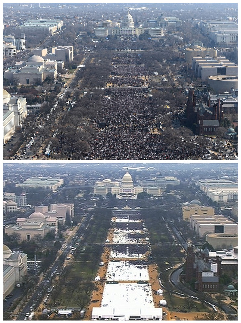 
              This pair of photos shows a view of the crowd on the National Mall at the inaugurations of President Barack Obama, above, on Jan. 20, 2009, and President Donald Trump, below, on Jan. 20, 2017. The photo above and the screengrab from video below were both shot shortly before noon from the top of the Washington Monument. (AP Photo)
            