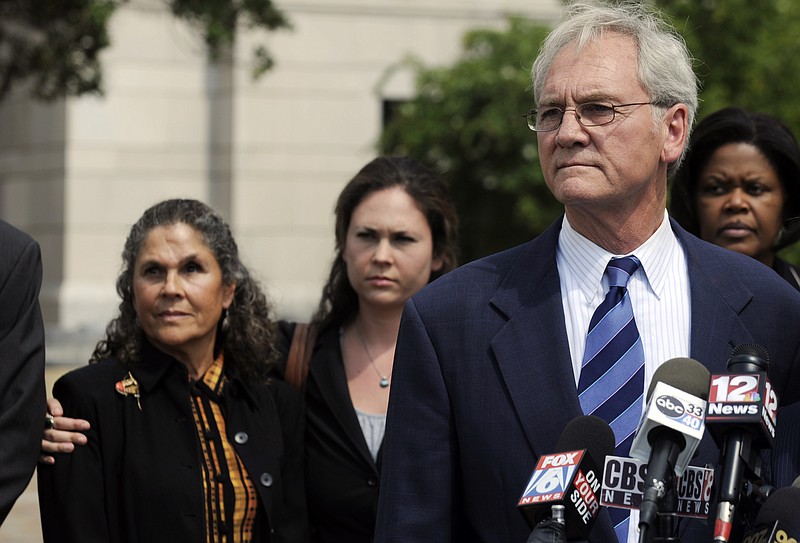 FILE - In this Aug. 3, 2012 file photo, former Gov. Don Siegelman speaks to the media outside the Federal Courthouse in Montgomery, Ala., after being sentenced to 78 months in prison. President Barack Obama has denied a clemency petition from Siegelman, who is nearing the end of a prison sentence for bribery and obstruction of justice. Attorneys for the former governor were informed of the decision Thursday, Jan. 19, 2017 in a letter from the Department of Justice office of the pardon attorney. The letter did not list a reason for the denial. (AP Photo/Montgomery Advertiser, Amanda Sowards, File)