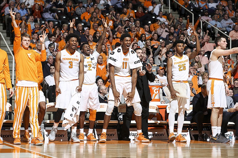 KNOXVILLE, TN - JANUARY 21, 2017 -  The University of Tennessee Volunteer Basketball Team bench celebrates during the game between the Mississippi State Bulldogs and the Tennessee Volunteers at Thompson-Boling Arena in Knoxville, TN. Photo By Craig Bisacre/Tennessee Athletics