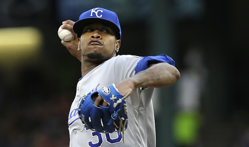 
              FILE - In this Thursday, July 28, 2016, file photo, Kansas City Royals starting pitcher Yordano Ventura throws during the first inning of a baseball game against the Texas Rangers in Arlington, Texas. Authorities in the Dominican Republic said Sunday, Jan. 22, 2017, that Ventura and former major leaguer Andy Marte both have died in separate traffic accidents. (AP Photo/LM Otero, File)
            