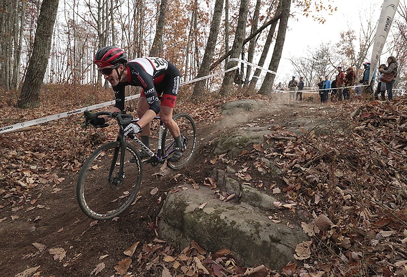 Staff Photo by Dan Henry / The Chattanooga Times Free Press- 11/27/16. Davis Murphy from Altanta, Ga., flies down a rocky descent during the Stuffed Cross Cyclocross Race presented by Privateer CX Chattanooga at Jasper Highlands on Sunday, November 27, 2016. 