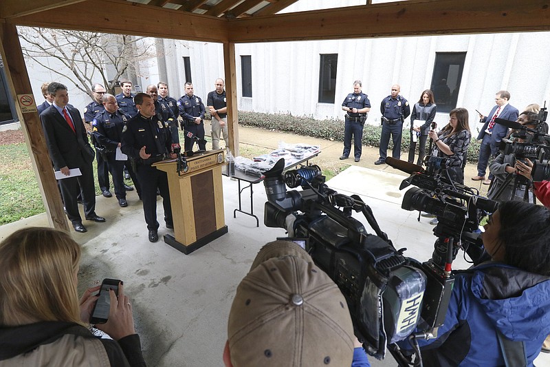 Staff Photo by Dan Henry / The Chattanooga Times Free Press- 1/23/17. Police chief Fred Fletcher speaks during a press conference presenting a new multi-layered strategy to fight gun violence while at the Chattanooga Police Services Center on Monday, January 23, 2017. 