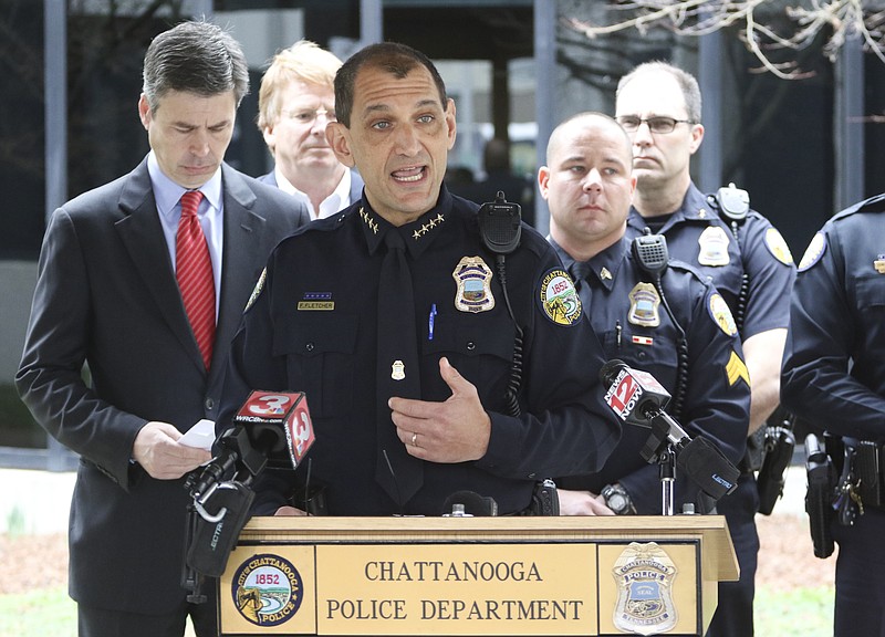 Staff Photo by Dan Henry / The Chattanooga Times Free Press- 1/23/17. Police chief Fred Fletcher speaks during a press conference presenting a new multi-layered strategy to fight gun violence while at the Chattanooga Police Services Center on Monday, January 23, 2017. 