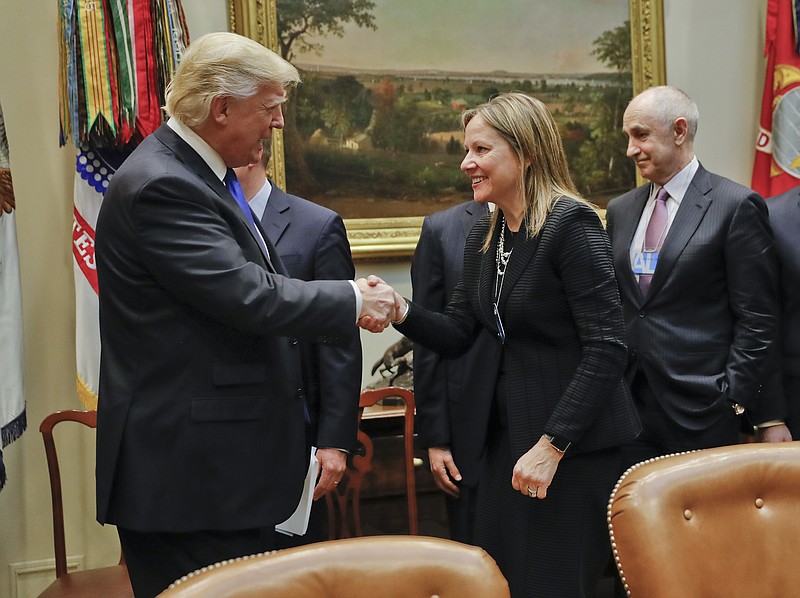 
              President Donald Trump greets GM CEO Mary Barra as he hosts a breakfast with automobile leaders in the Roosevelt Room of the White House in Washington, Tuesday, Jan. 24, 2017.
            