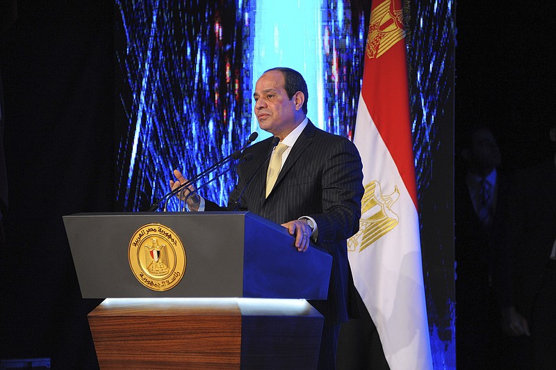 
              In this handout photo provided by the Egyptian presidency, President Abdel-Fatteh el-Sissi speaks during a ceremony making Police Day, at the Police Academy in an Eastern Cairo suburb, Tuesday, Jan. 24, 2017.  El-Sissi says he is alarmed by his country's high divorce rates and is suggesting ground-breaking legislation to ban Muslim husbands from verbally declaring their spouses divorced. (Egyptian Presidency via AP)
            