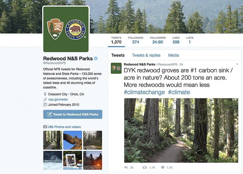 
              This photo shows a Twitter post from the National Park Service's Redwoods National Park account. The National Park Service employees' Twitter campaign against President Donald Trump has spread to other parks. A day after three climate-related tweets sent out by Badlands National Park were deleted, other park accounts have sent out tweets. This one, by Redwoods National Park in California, notes that redwood groves are nature's No. 1 carbon sink, which capture greenhouse gas emissions that contribute to global warming. A park service spokesman declined to comment on Jan. 25. (National Park Service via AP)
            