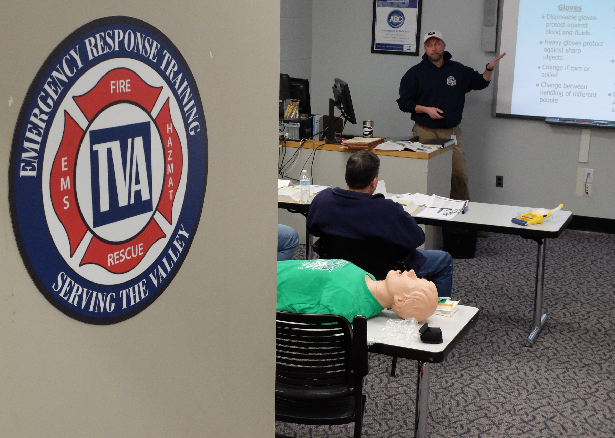Chad Huey teaches a precursor class to first aid and CPR Tuesday at the Tennessee Valley Authority's Emergency Response Training Center in Marion County.