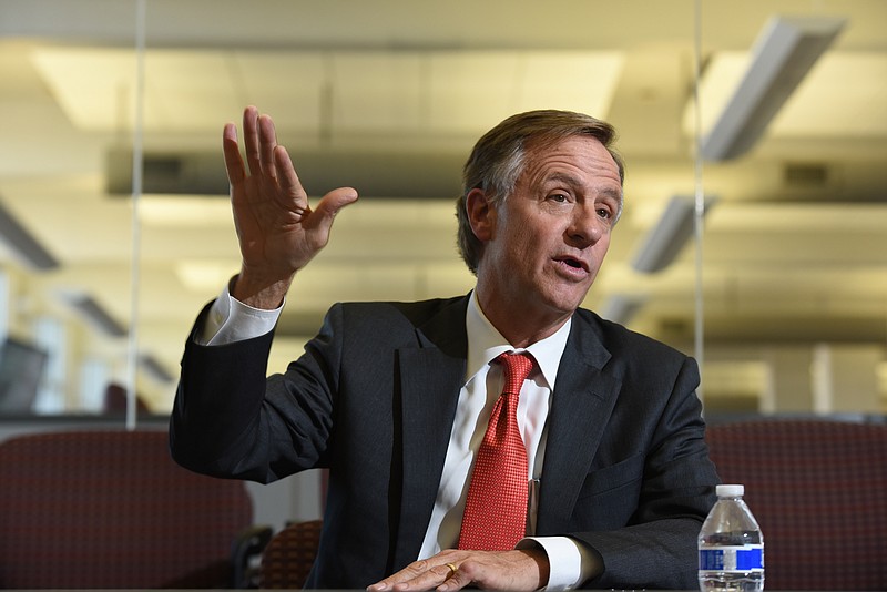 Gov. Bill Haslam discusses the state budget at a Times Free Press editorial board.