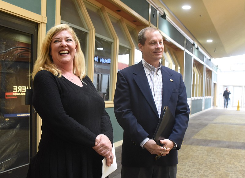 Kim Lyons, left, Hamilton Place mall marketing director, and David M. Meadows, senior general manager for the mall, talk about a new upscale restaurant at the mall. Rodizio Grill will go into the former Piccadilly Cafeteria.