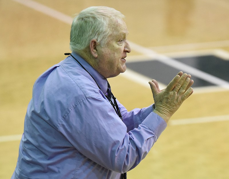 Sequatchie County coach Ron Davis encourages defensive play during the game with Bledsoe County in the District 7-AA basketball tournament at Notre Dame High School on Friday.