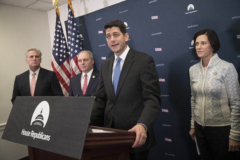 
              House Speaker Paul Ryan of Wis., joined by, from left, House Majority Leader Kevin McCarthy of Calif., House Majority Whip Steve Scalise of La., and Rep. Mimi Walters, R-Calif., meets reporters on Capitol Hill in Washington, Tuesday, Jan. 24, 2017, as he announced that he has invited President Donald Trump to address a Joint Session of Congress on Feb. 28. (AP Photo/J. Scott Applewhite)
            