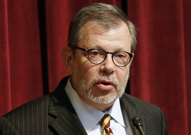 
              FILE - In this Aug. 7, 2015, file photo, University of Minnesota President Eric Kaler speaks in Minneapolis. A university investigation called for punishing 10 players following an alleged sexual assault on campus last fall. Coach Tracy Claeys was fired in part because of his public support of his players differed with Kaler and athletic director Mark Coyle. (AP Photo/Jim Mone, File)
            