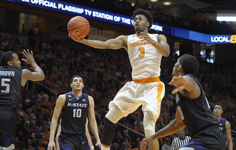 Tennessee's Robert Hubbs III (3) goes for a layup during an NCAA SEC-Big 12 basketball game between Tennessee and Kansas State at Thompson-Boling Arena in Knoxville, Tenn., on Saturday, January 28, 2017. (Calvin Mattheis/Knoxville News Sentinel via AP)