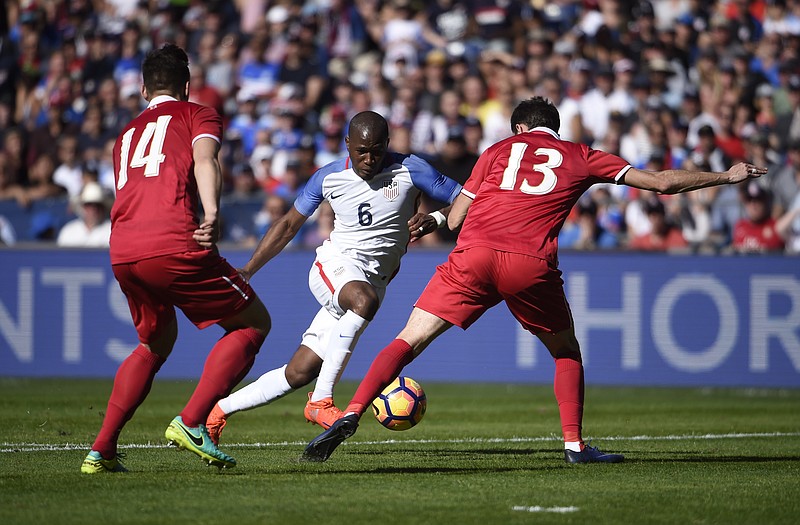 Darlington Nagbe (6) plays during a friendly soccer match against Serbia Sunday, Jan. 29, 2017 in San Diego. (AP Photo/Denis Poroy)