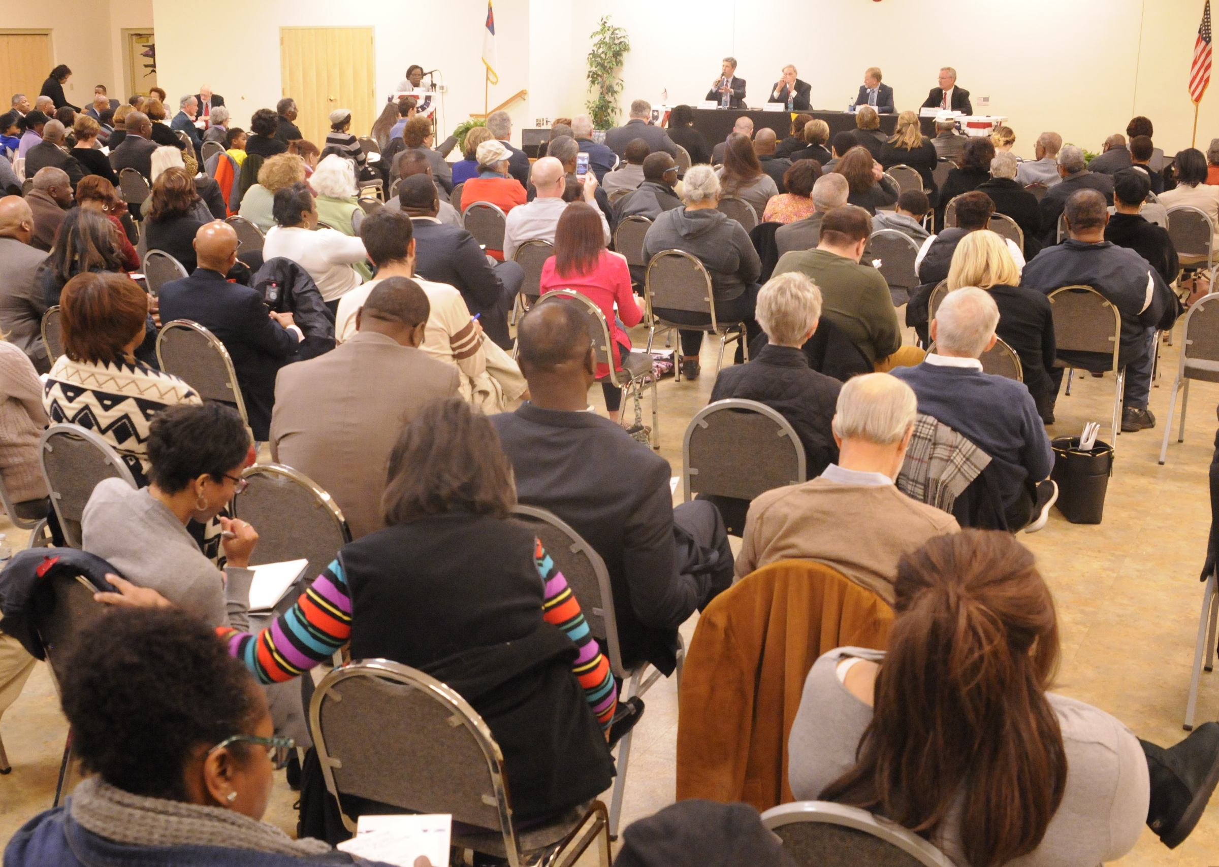 Mayoral candidates speak to a large audience Monday night at the first of two forums. The National Coalition of 100 Black Women, Chattanooga Chapter, INC. sponsored the forum at the Greater Tucker Missionary Baptist Church on N. Moore Road in Brainerd.
