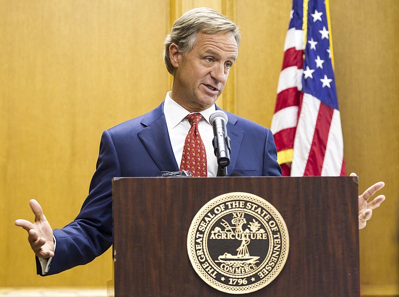 Republican Gov. Bill Haslam speaks to reporter about his budget priorities at the state Capitol in Nashville, Tenn., on Monday, Jan. 30, 2017. Haslam was scheduled to address a joint convention of the Tennessee General Assembly later in the day. (AP Photo/Erik Schelzig)