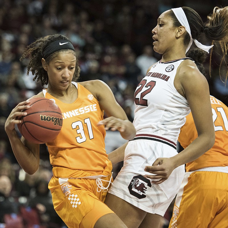 Tennessee forward Jaime Nared (31) grabs a rebound against South Carolina forward A'ja Wilson (22) during the first half of an NCAA college basketball game, Monday, Jan. 30, 2017, in Columbia, S.C. (AP Photo/Sean Rayford)